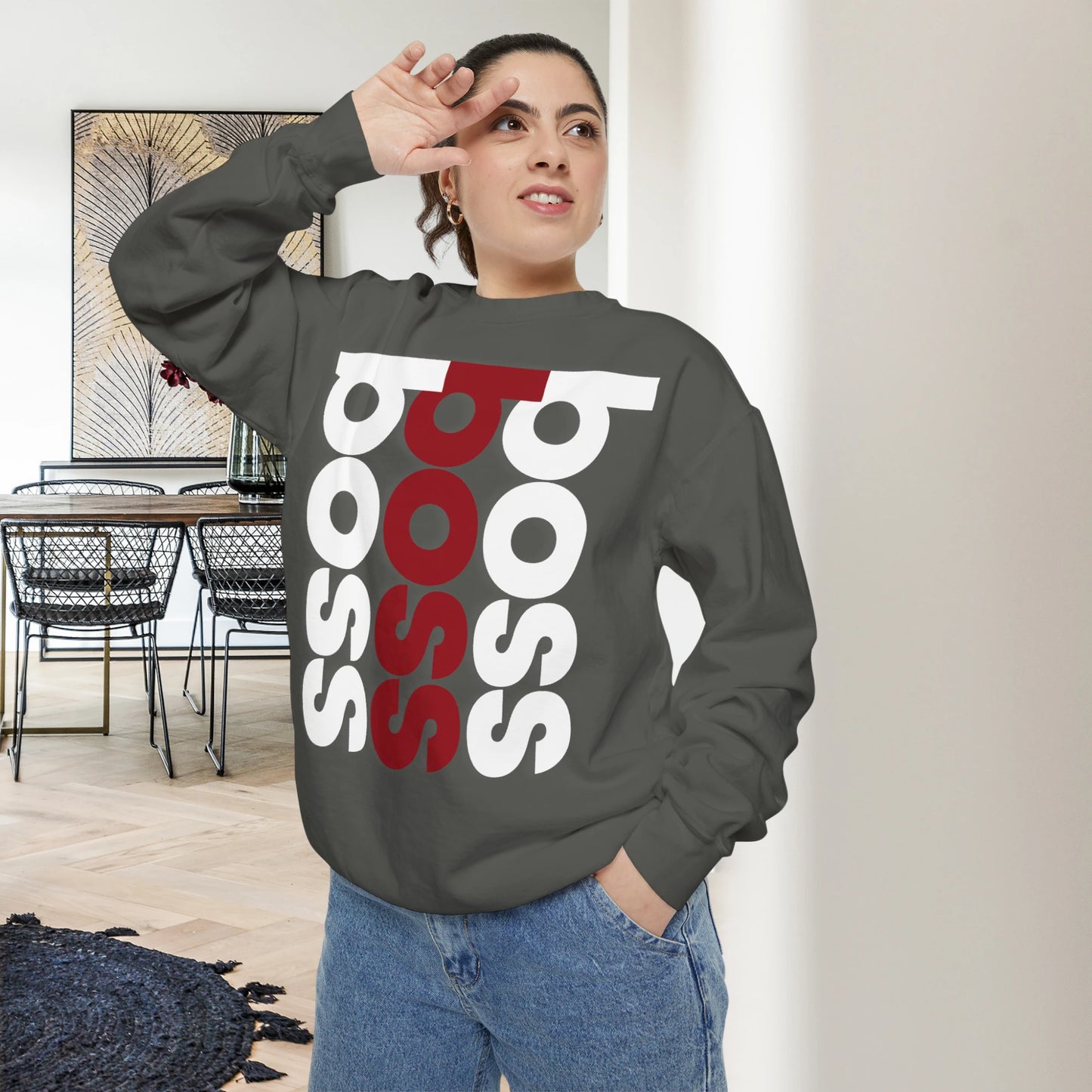 BOSS / Unisex Garment-Dyed Front Print Sweatshirt
