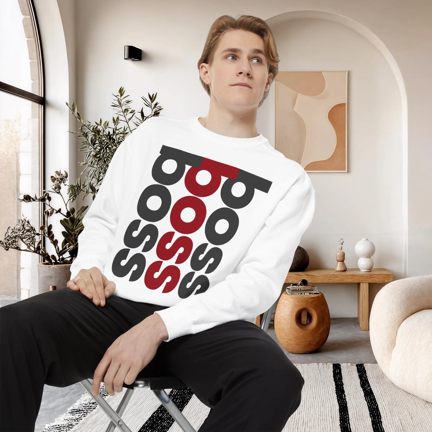 BOSS / Unisex Garment-Dyed Front Print Sweatshirt