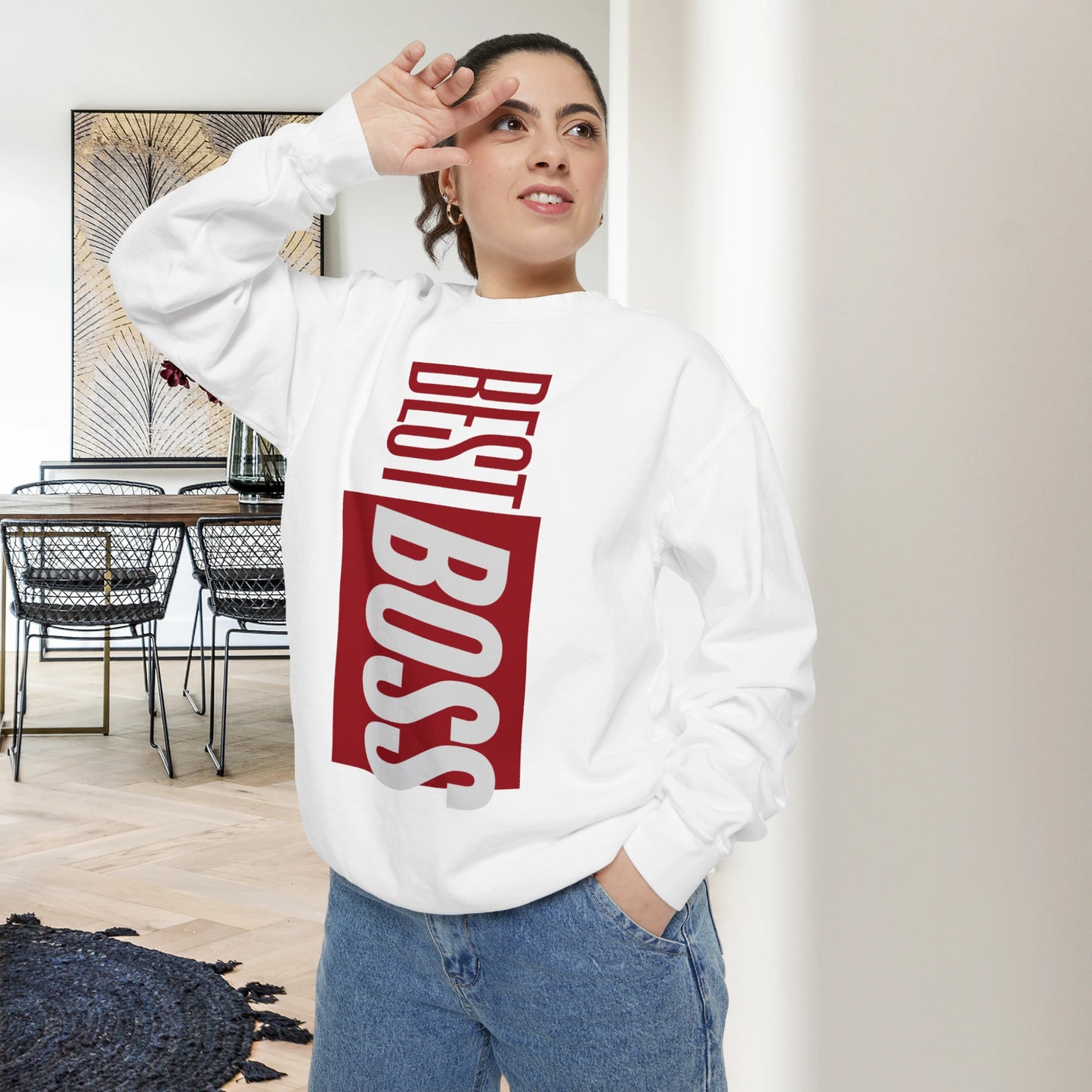 BEST BOSS / Unisex Garment-Dyed Front Print Sweatshirt