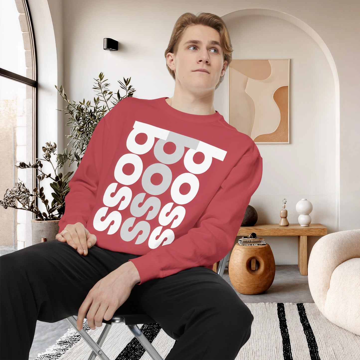 BOSS / Unisex Garment-Dyed Front Print Sweatshirt