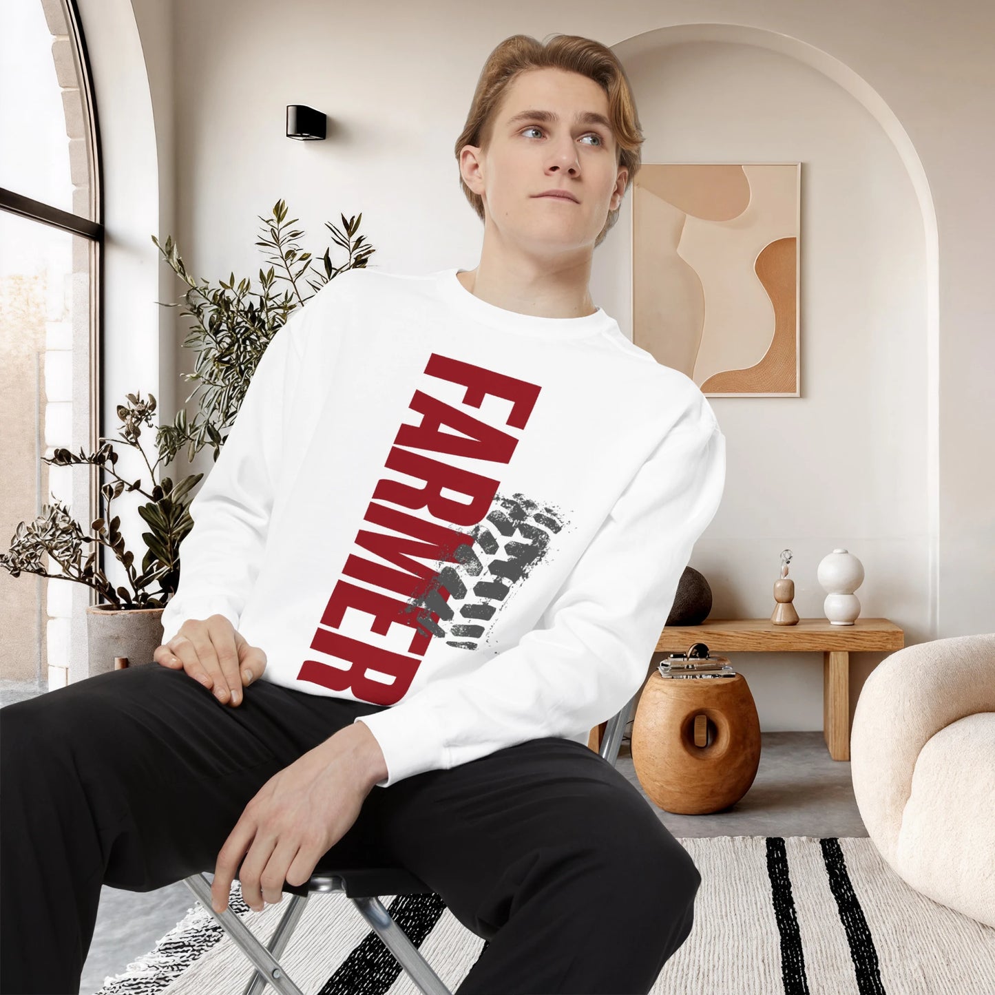 FARMER / Unisex Garment-Dyed Front Print Sweatshirt