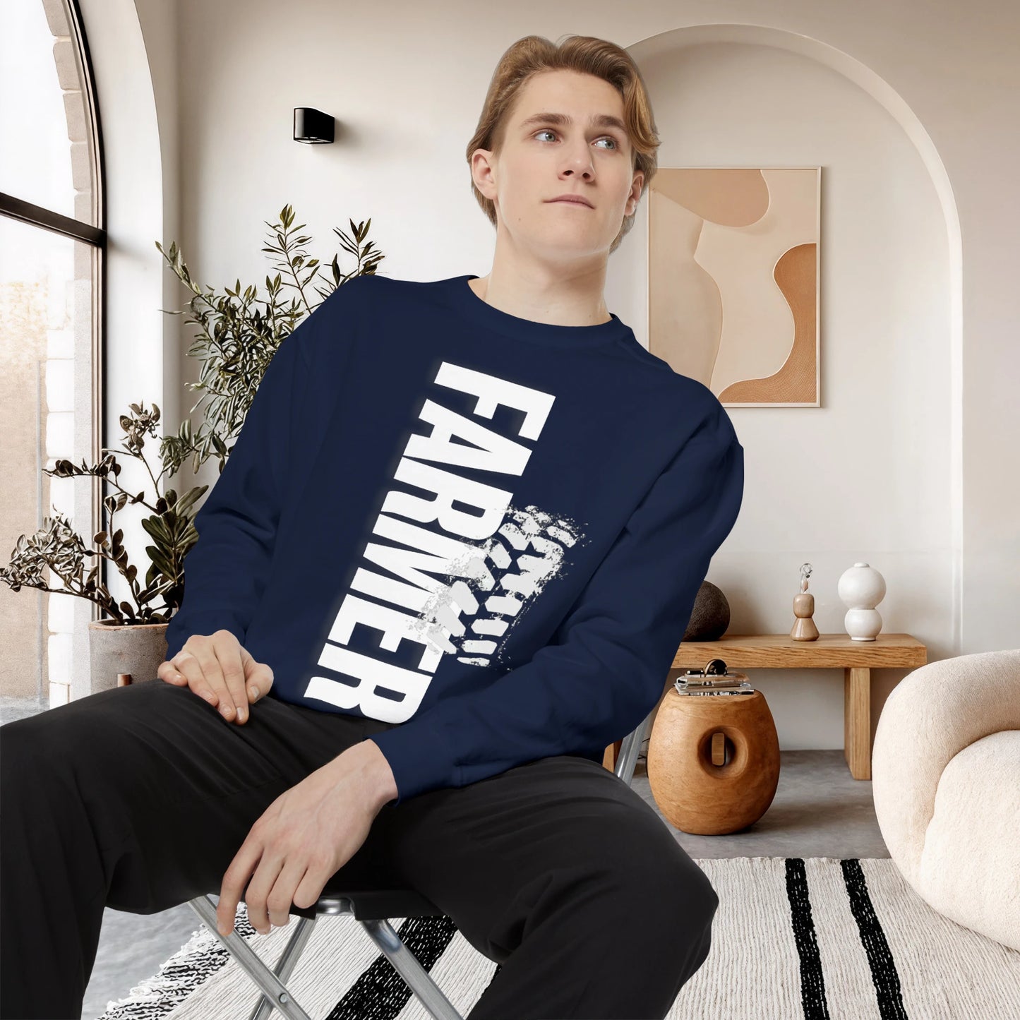 FARMER / Unisex Garment-Dyed Front Print Sweatshirt