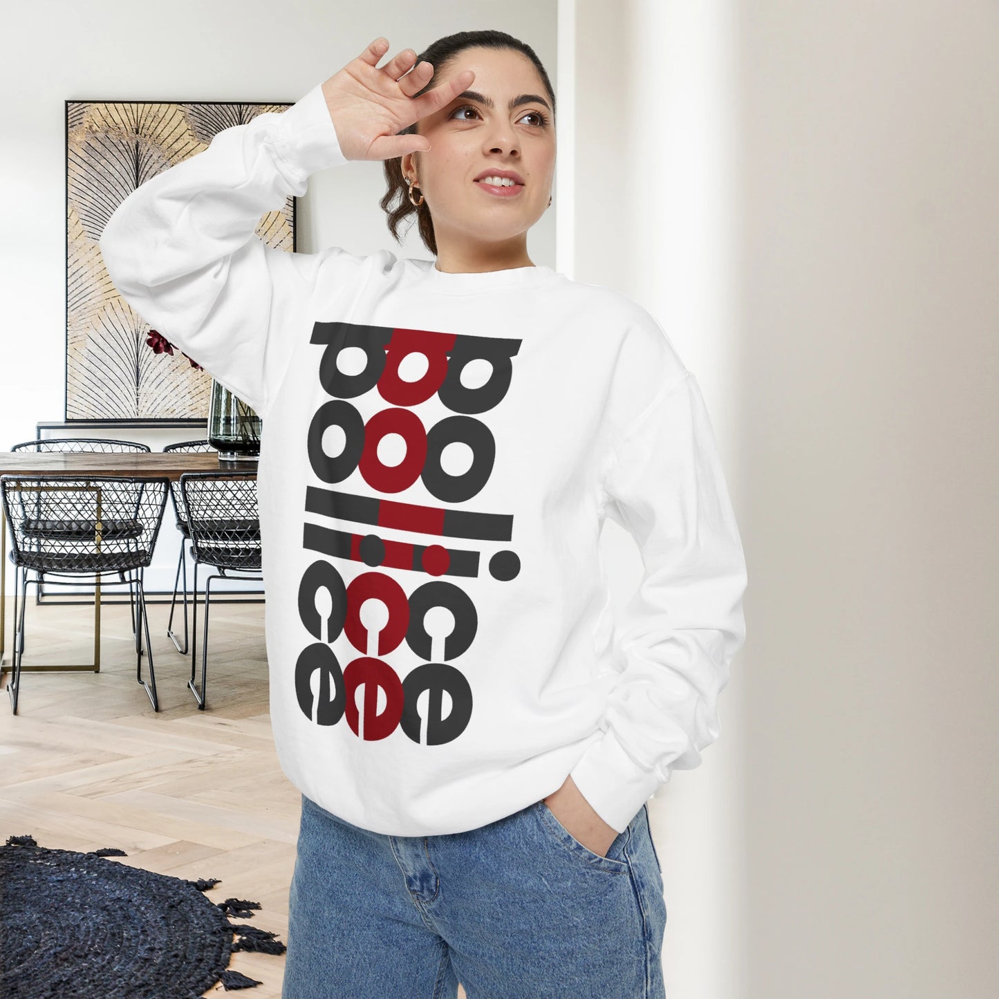 POLICE / Unisex Garment-Dyed Front Print Sweatshirt