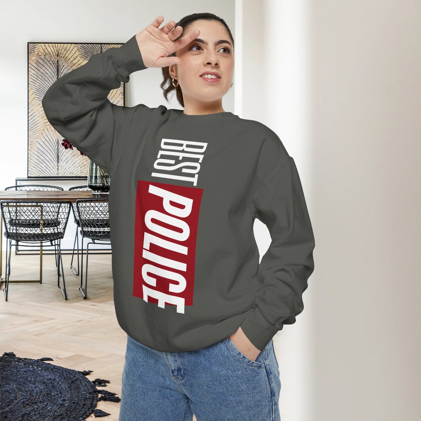 BEST POLICE / Unisex Garment-Dyed Front Print Sweatshirt
