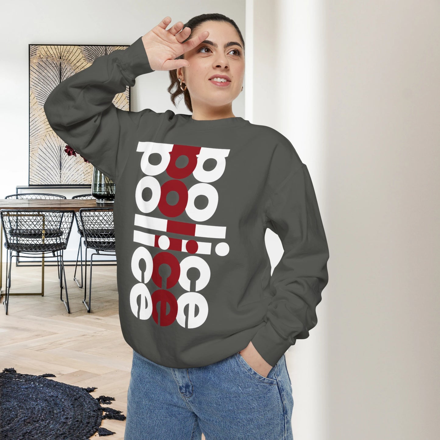 POLICE / Unisex Garment-Dyed Front Print Sweatshirt