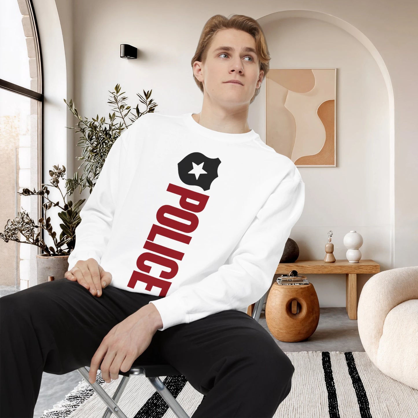 POLICE / Unisex Garment-Dyed Front Print Sweatshirt