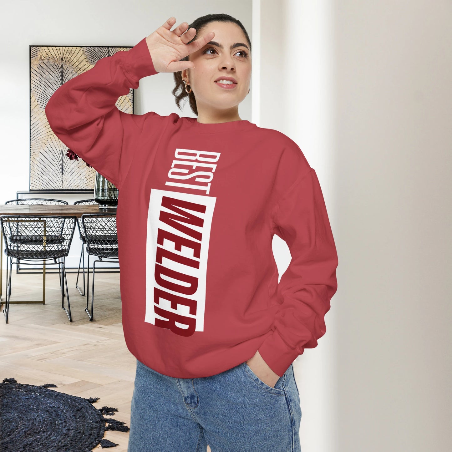 BEST WELDER / Unisex Garment-Dyed Front Print Sweatshirt